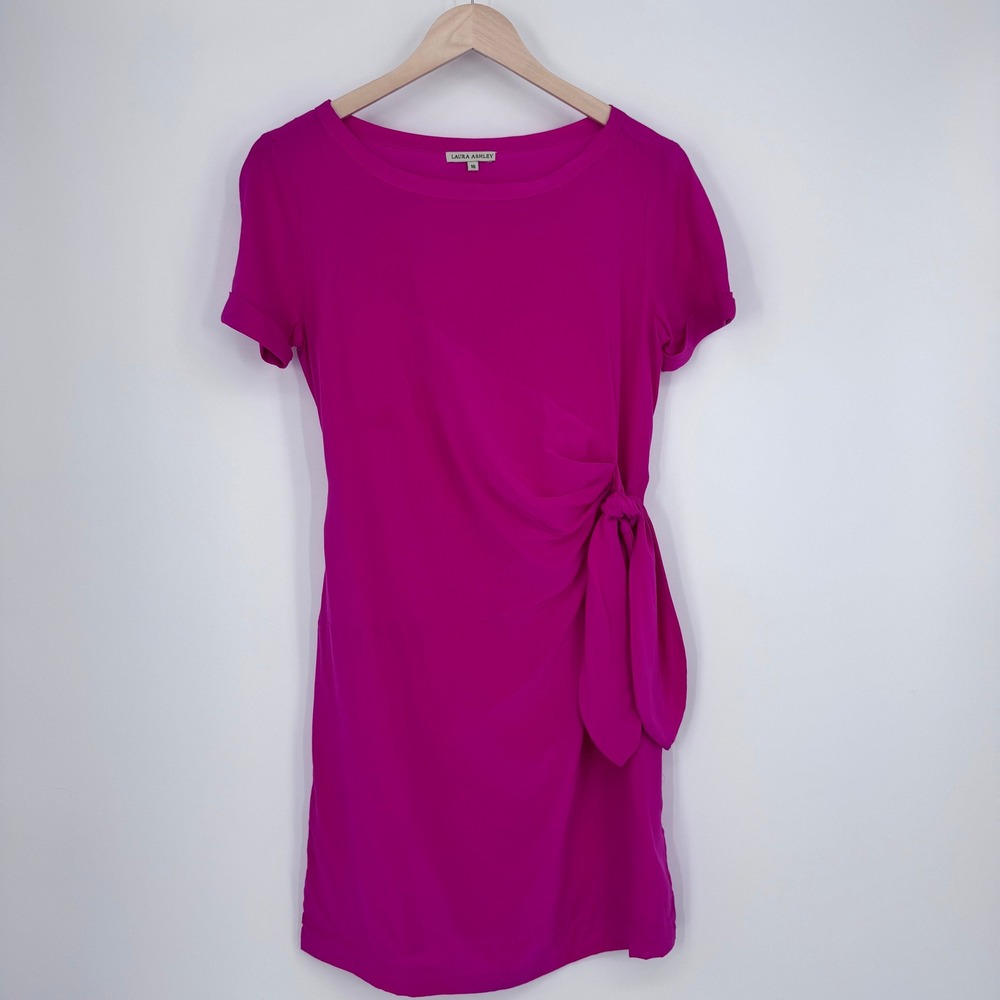Laura Ashley 100% Silk Dress Women 10 Pink Magenta Tie Waist Ruched Cocktail Y2K